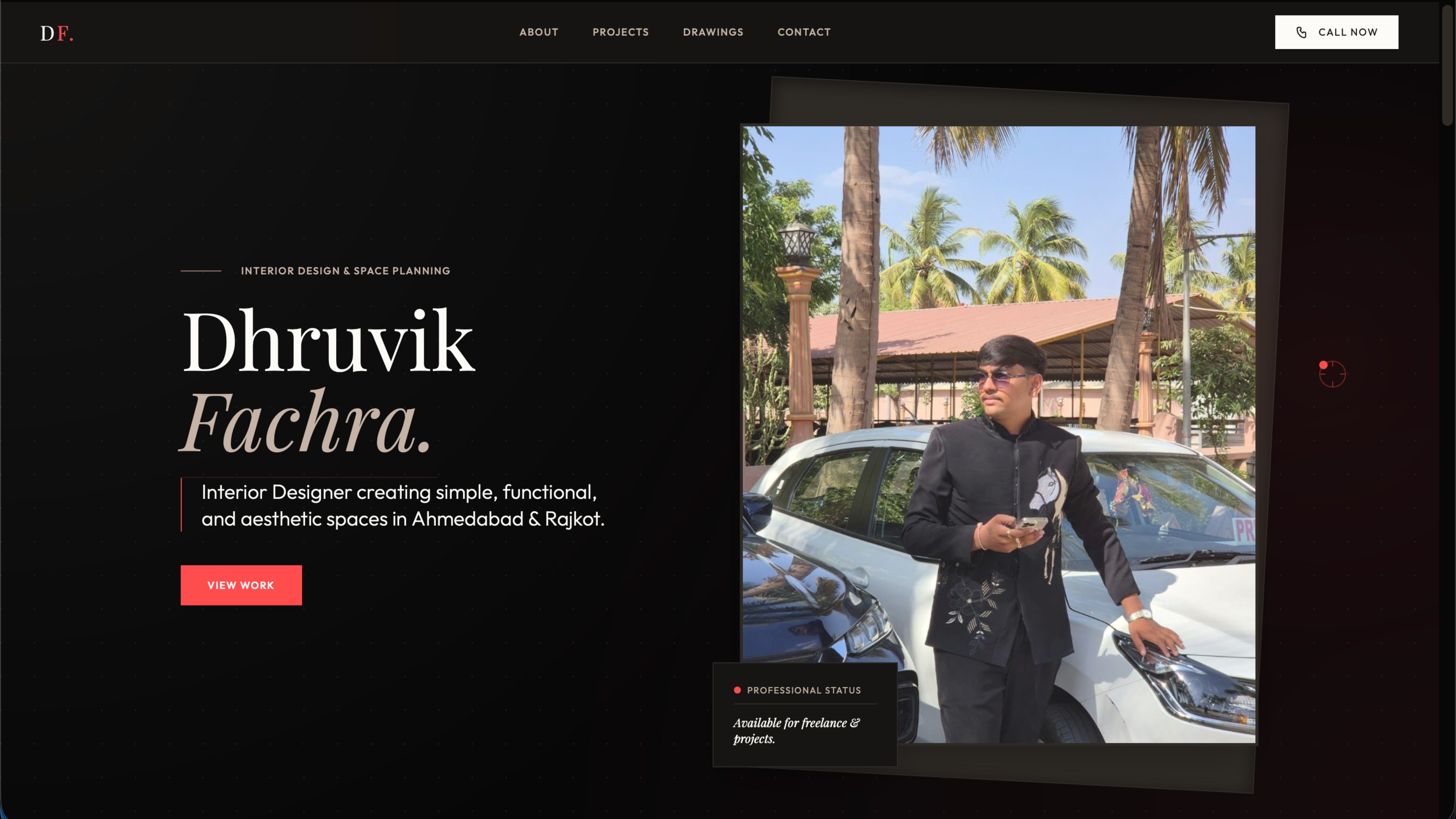 Dhruvik Fachra premium interior design portfolio dark-themed website showcase